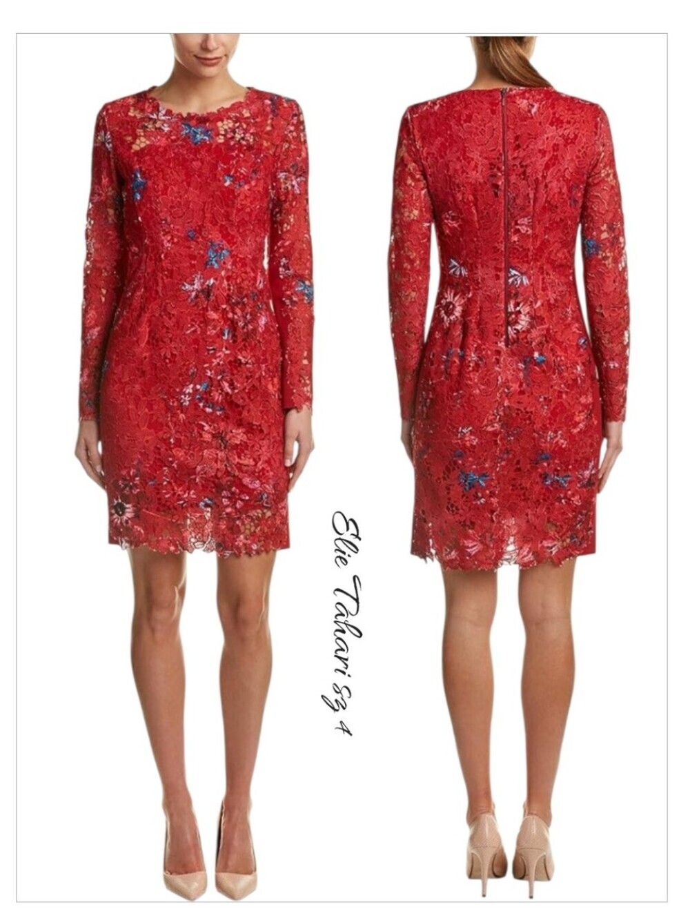 Elie Tahari Starla Dress Red Floral Guipure Lace Sheath sz 8